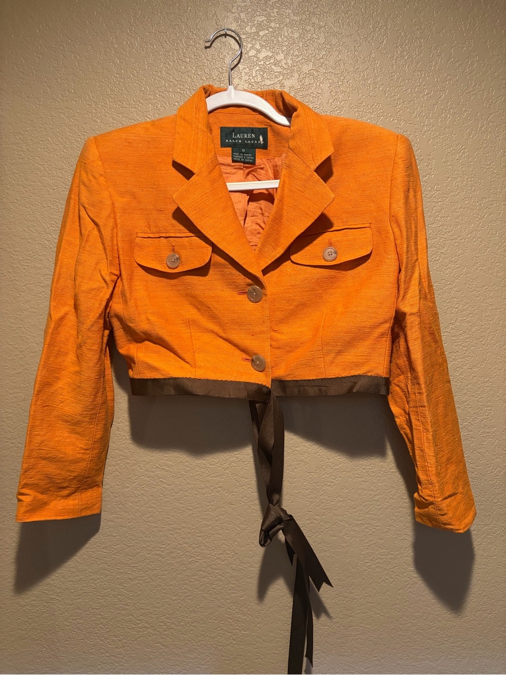 Ralph Lauren Vintage Deep Orange Fall Cropped Blazer with Brown Tie Trim -Sz 6 - Picture 1 of 8